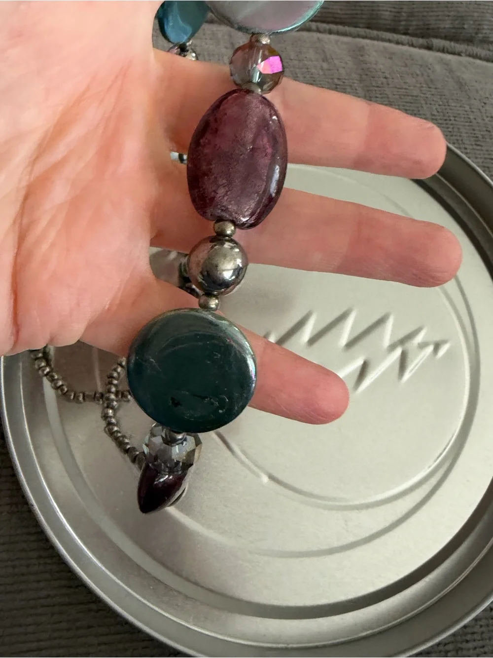 Handmade Iridescent Purple and Green Glass Disc Necklace